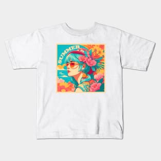 vintage pop-art Summer girl on flower beach Kids T-Shirt